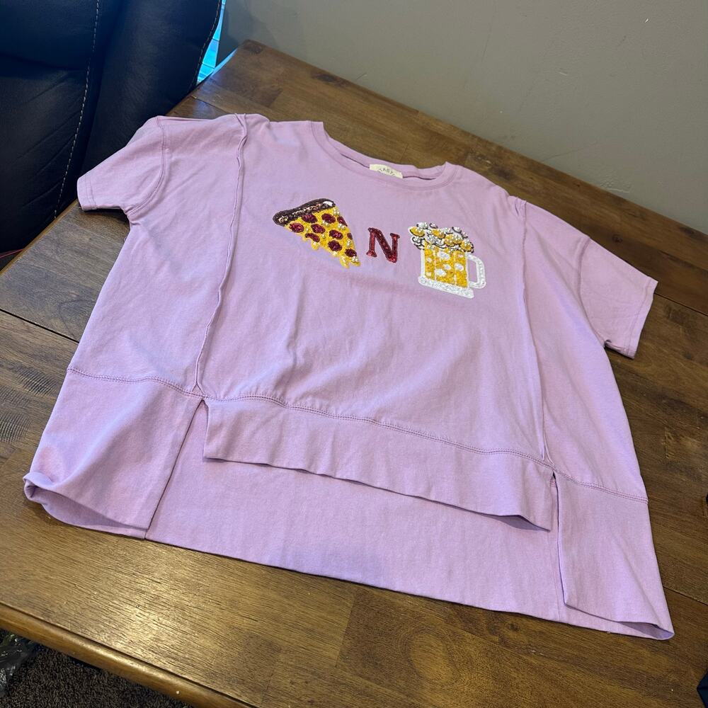 Y2K Sequin Graphic Tee Purple Pizza and Beer - Size Small Game Day Oversized - Picture 6 of 11